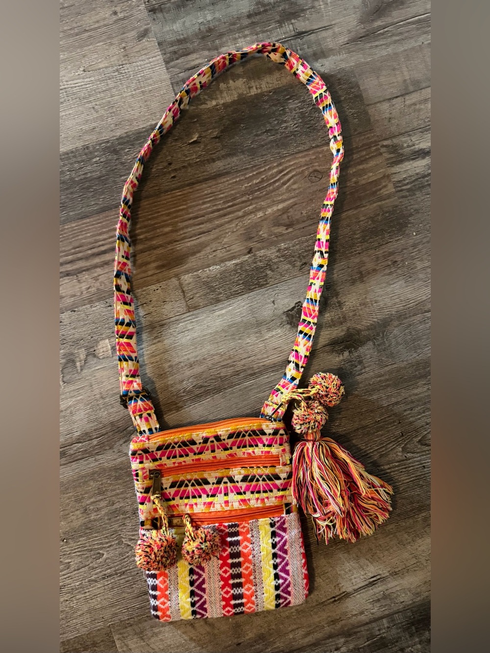 America & Beyond Colorful Multicolor Woven Crossbody Bag with Tassels.
